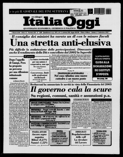 Italia oggi : quotidiano di economia finanza e politica